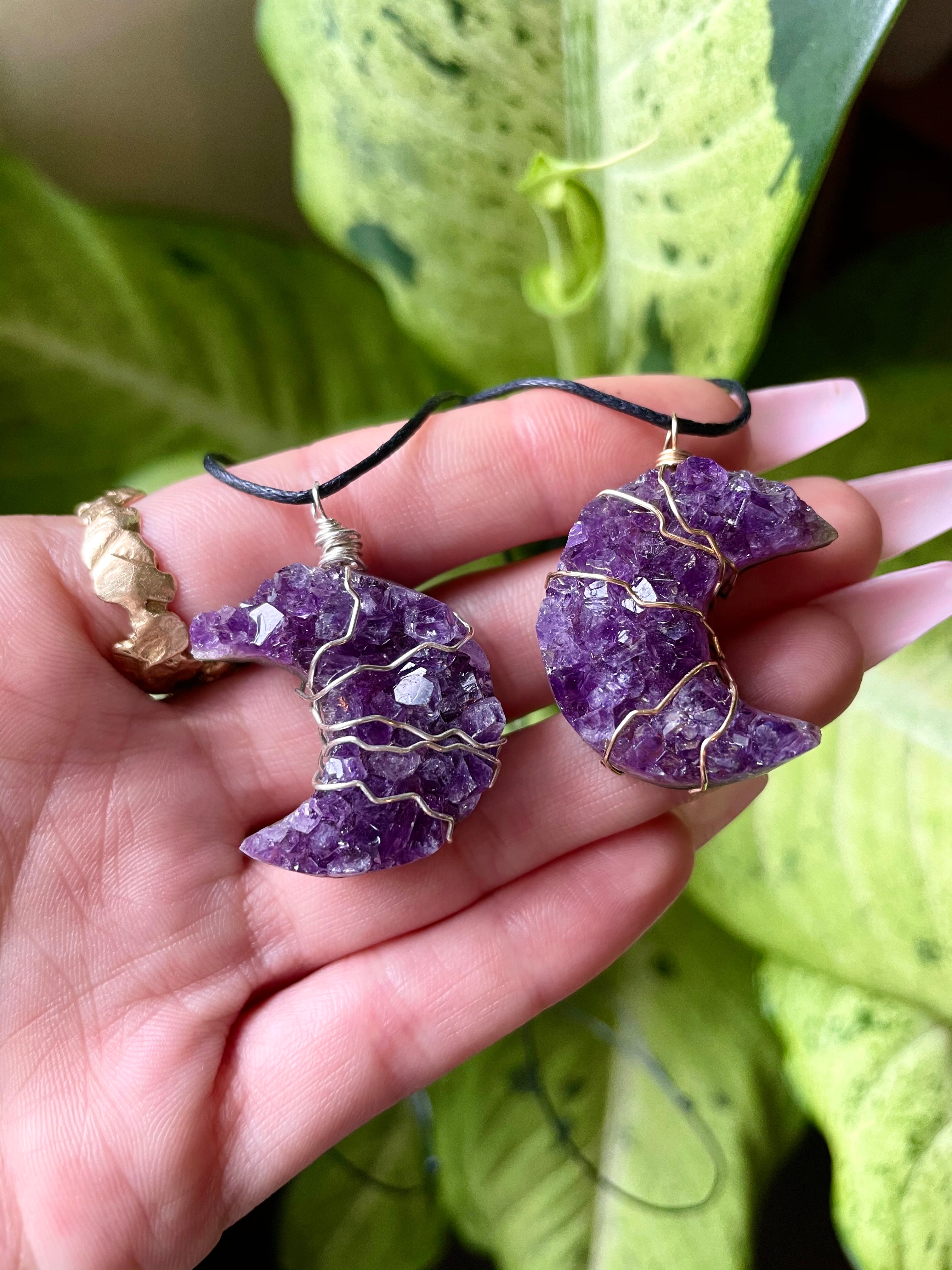 amethyst druzy moon necklace on adjustable cord