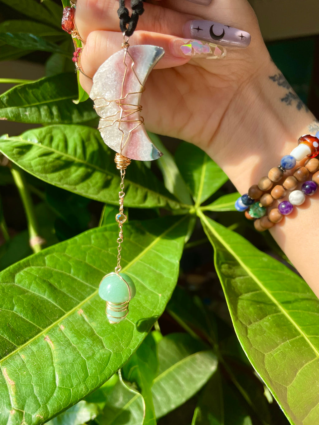 pink amethyst moon aventurine schroom protection dangle