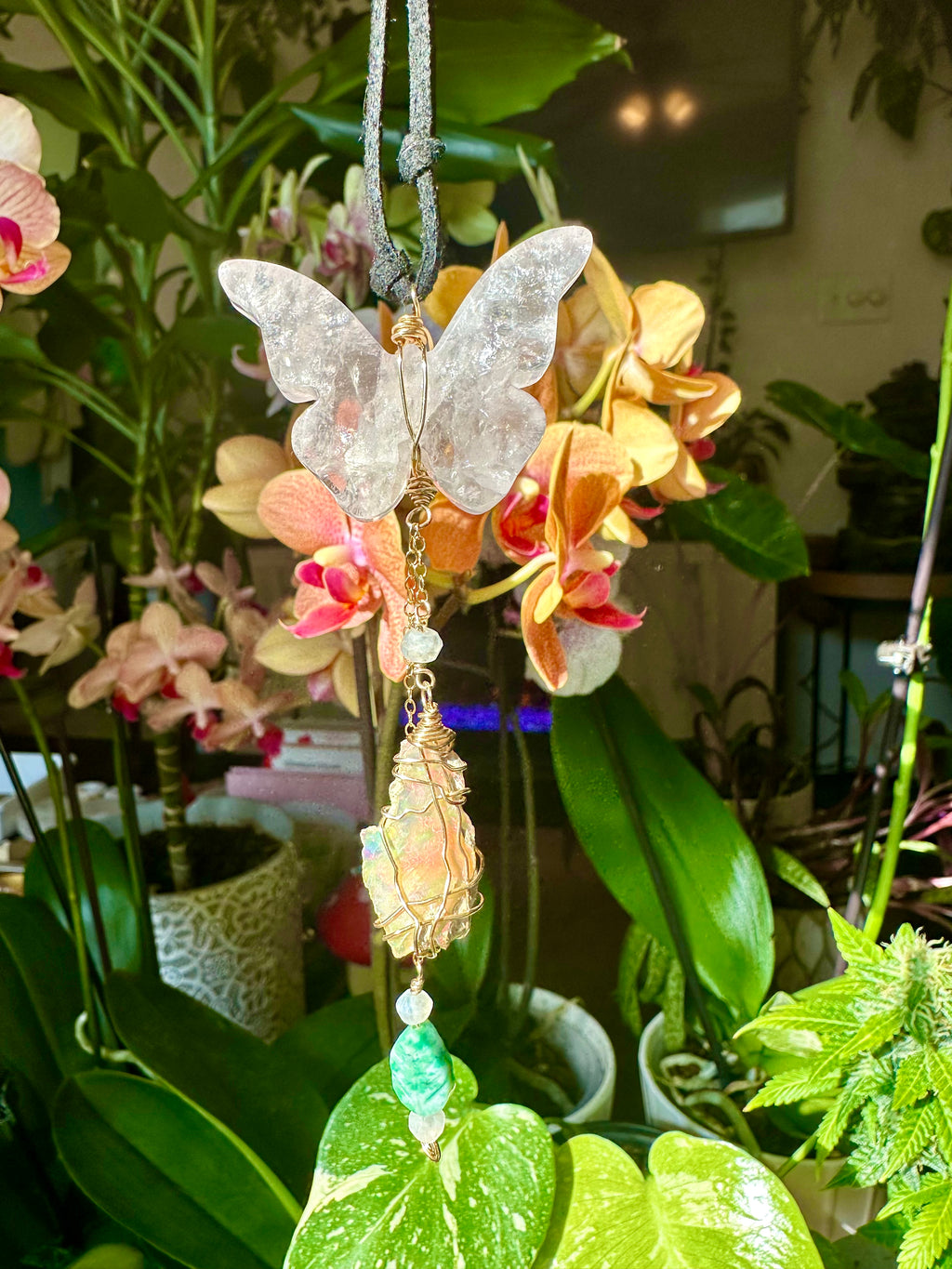 rose quartz butterfly raw opal love dangle