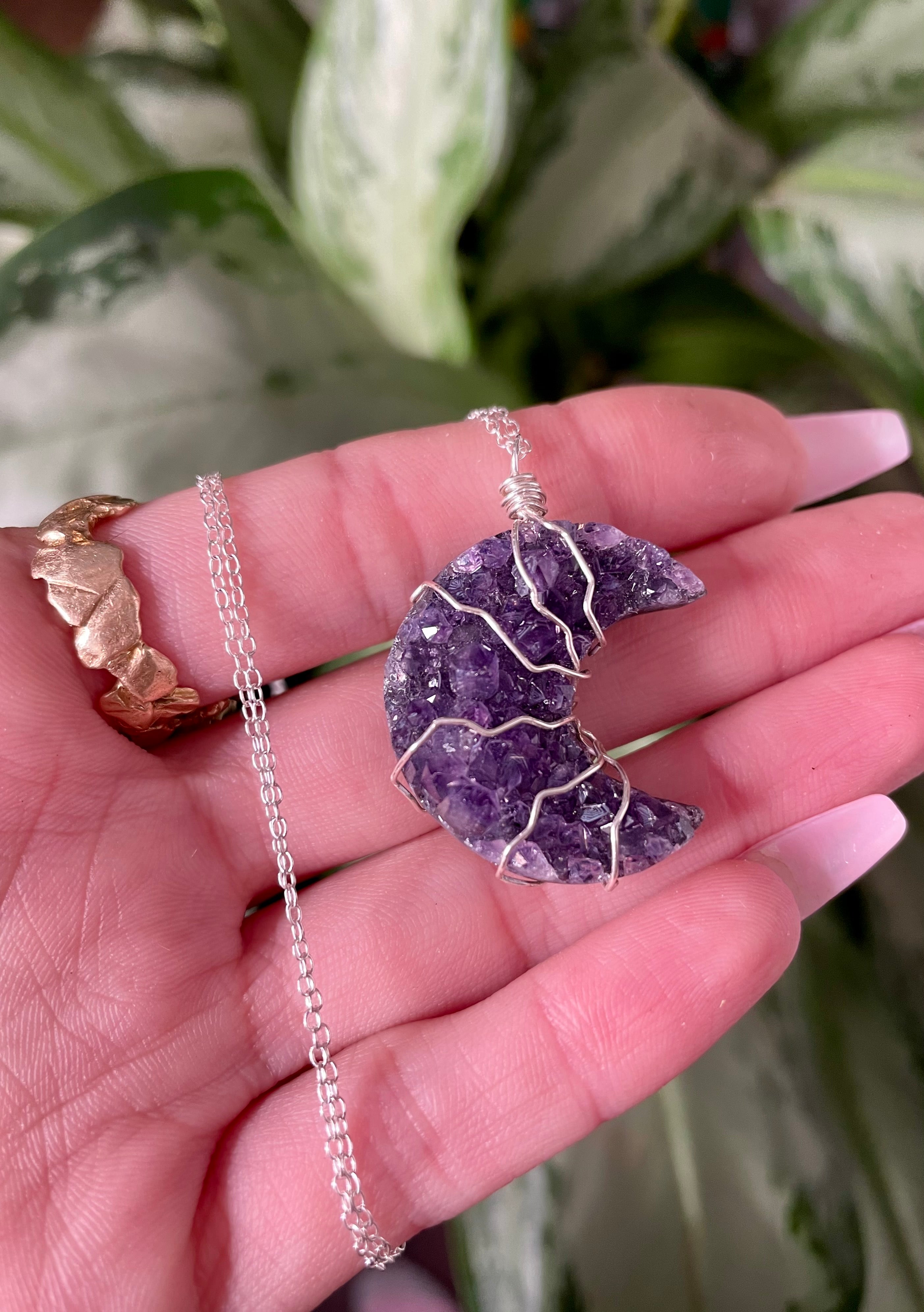 custom amethyst druzy moon necklace