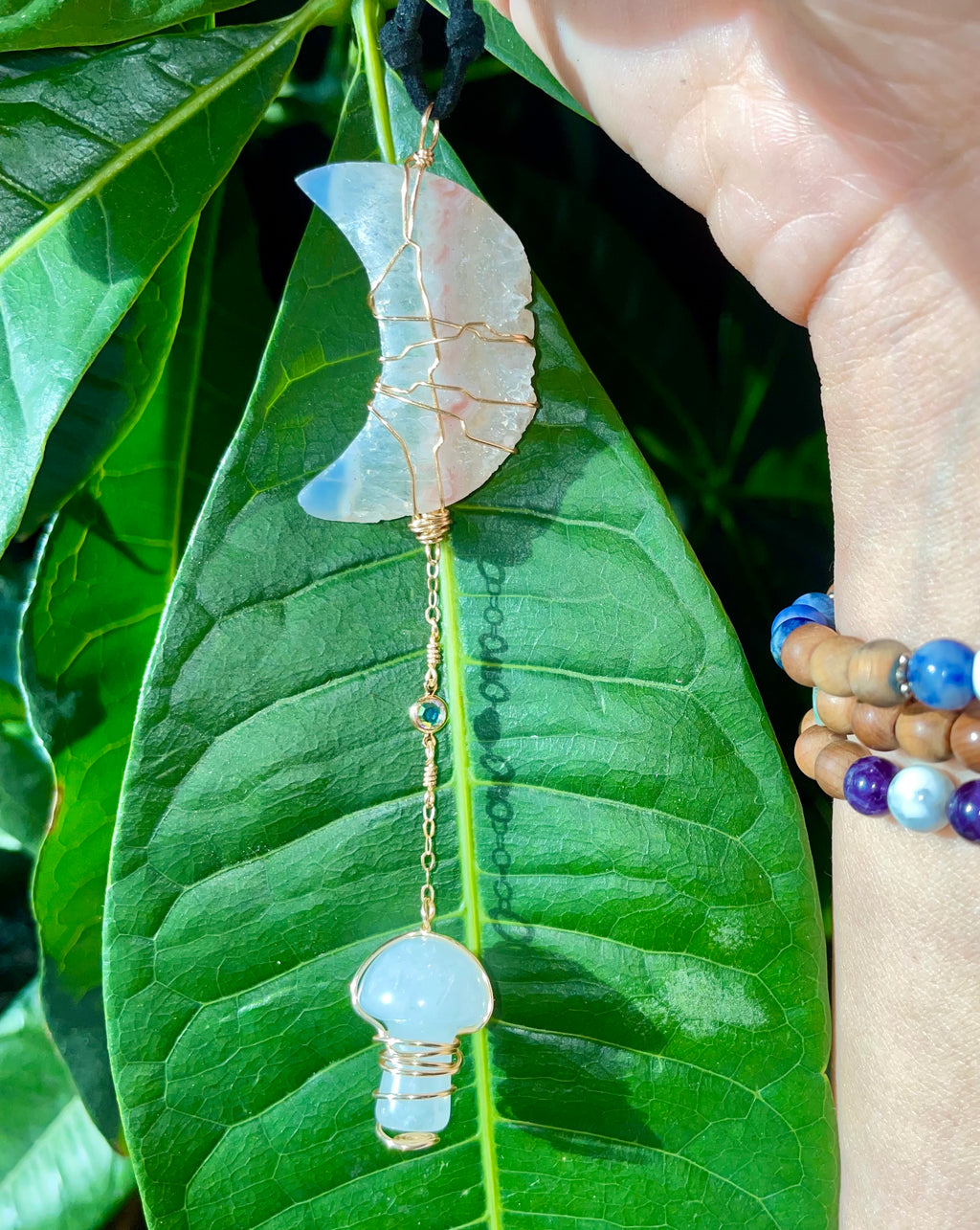 pink amethyst moon quartz schroom protection dangle