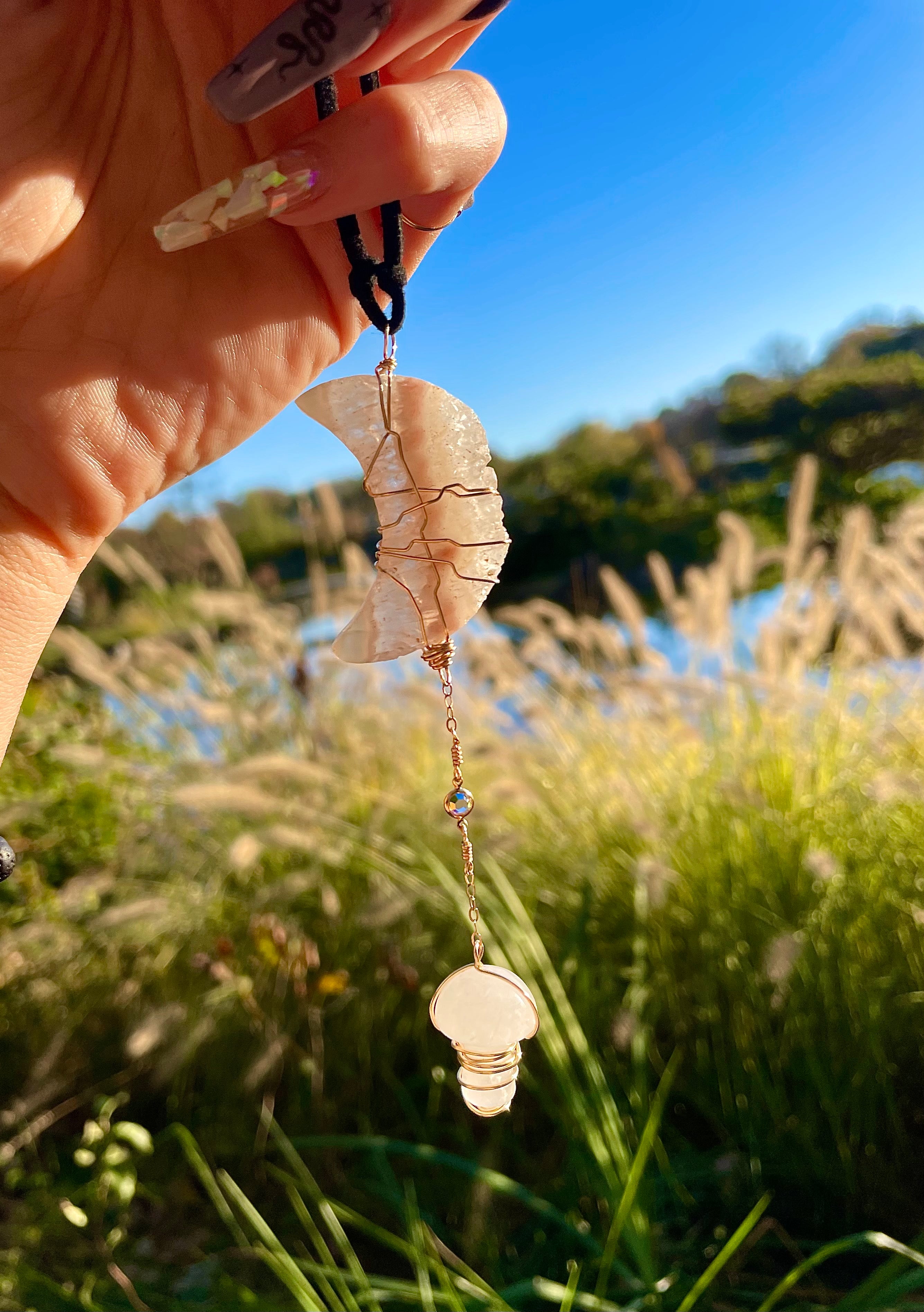 pink amethyst moon quartz schroom protection dangle
