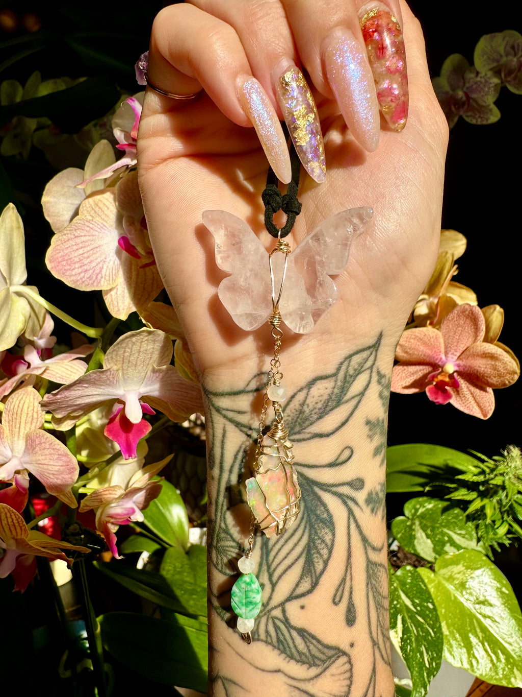 rose quartz butterfly raw opal love dangle