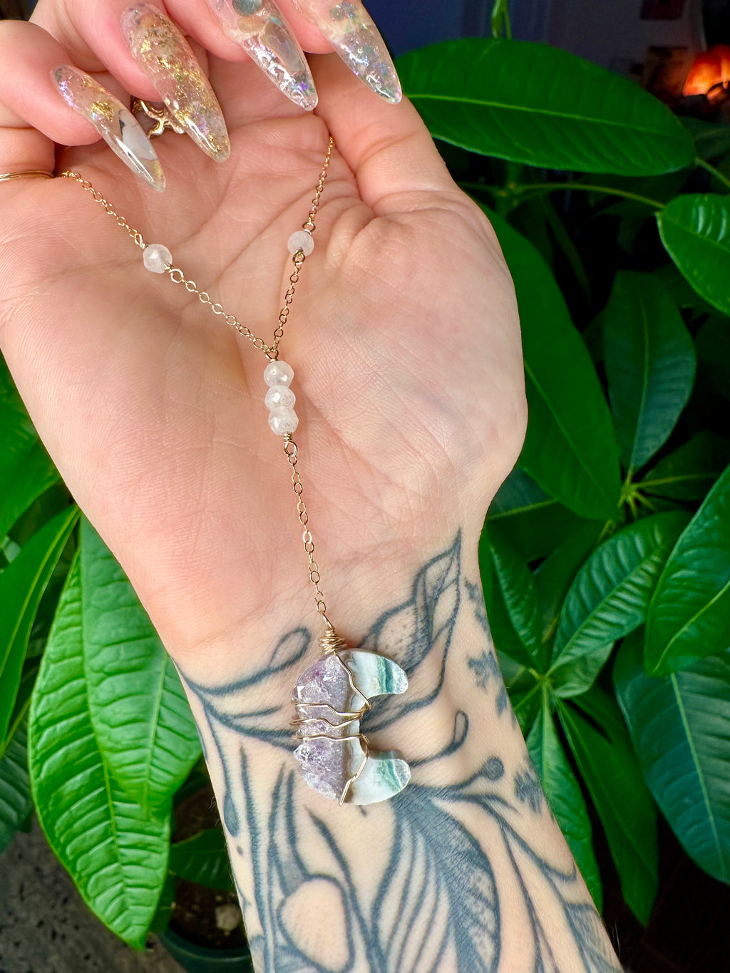 quartz moon drop necklace gold