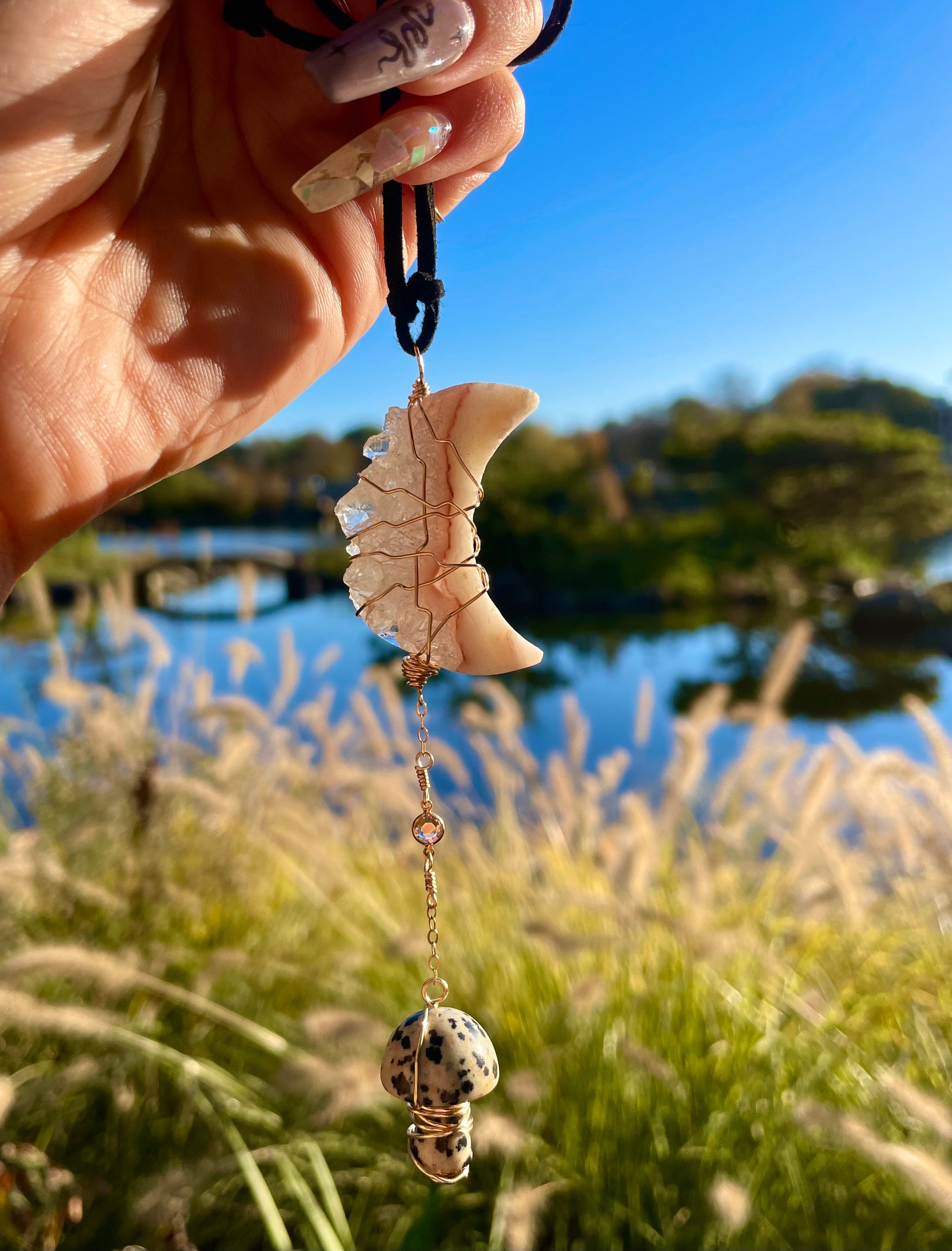 pink amethyst moon dalmatian schroom protection dangle