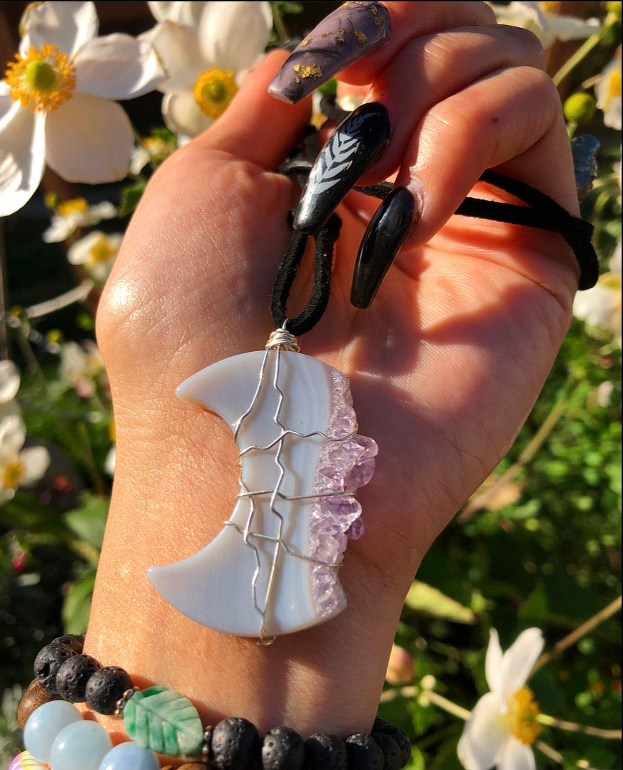 agate druzy moon necklace on vegan suede